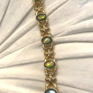 Blue & Green Opalescent Cabochon Gold Tone Link Bracelet